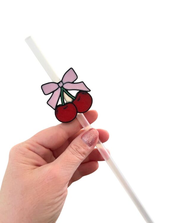 3D Printed Cherry Straw Charm – 10mm Stanley Red Cherries & Pink Bows | Cute Drink Accessories | Straw Topper