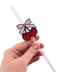 3D Cherries and Bow Straw Topper – 10mm Stanley Topper for Tumblers